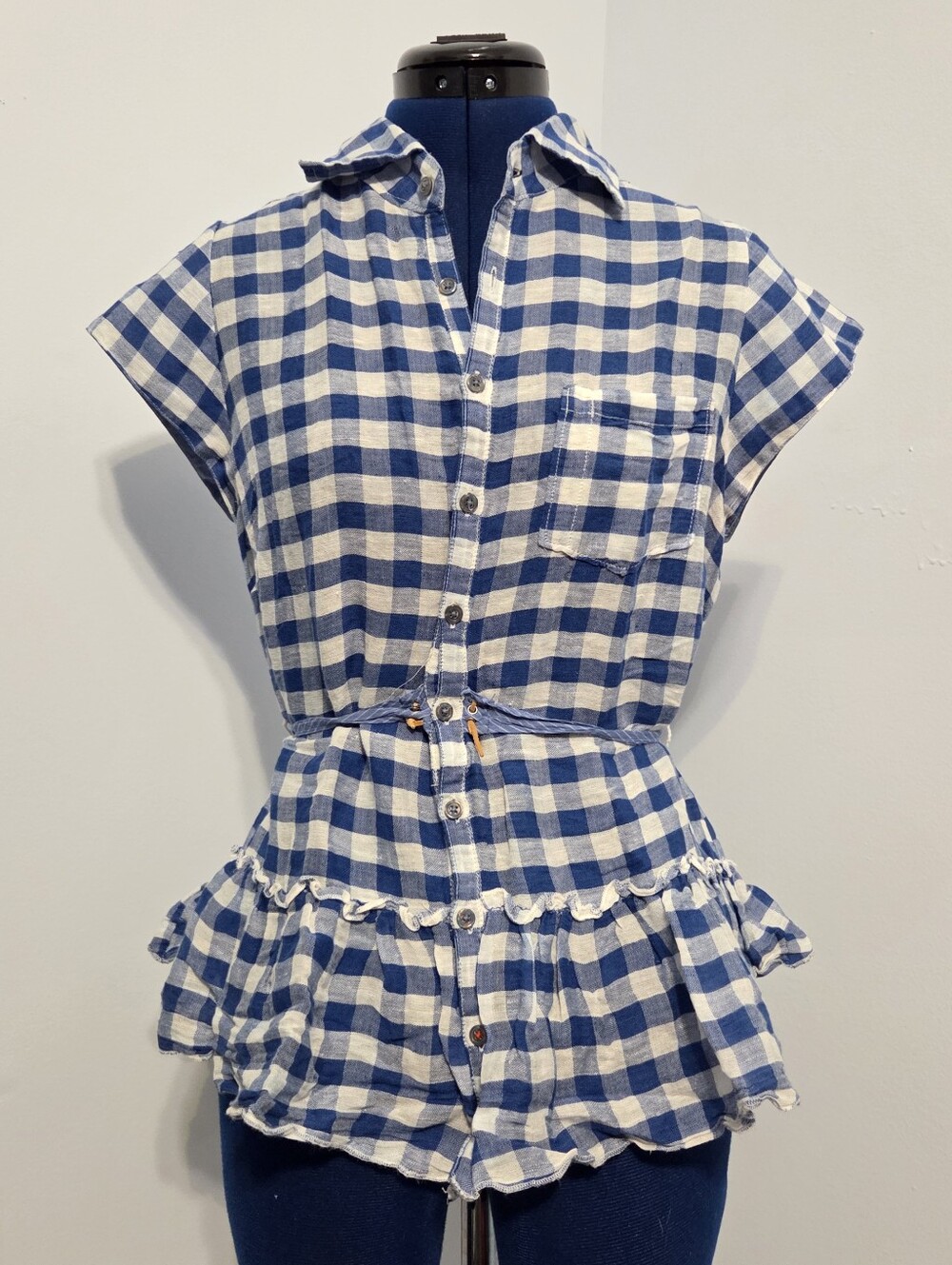 Blue Gingham Plaid Linen Blend Shirt Size M